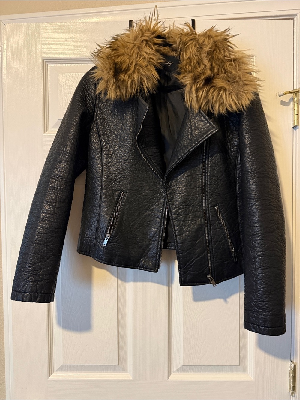Jessica Simpson Black Faux Leather Jacket with Removable Brown Faux Fur Collar